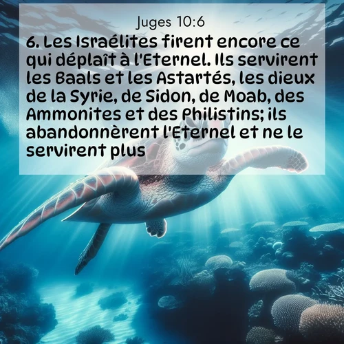 Segond21 Juges  ; image nature: image avec le verset biblique :Les Israélites firent encore ce qui déplaît à l&#039;Eternel. Ils servirent les Baals et les Astartés, les dieux de la Syrie, de Sidon, de Moab, des Ammonites et des Philistins; ils abandonnèrent l&#039;Eternel et ne le servirent plus. ;  ; 10:6