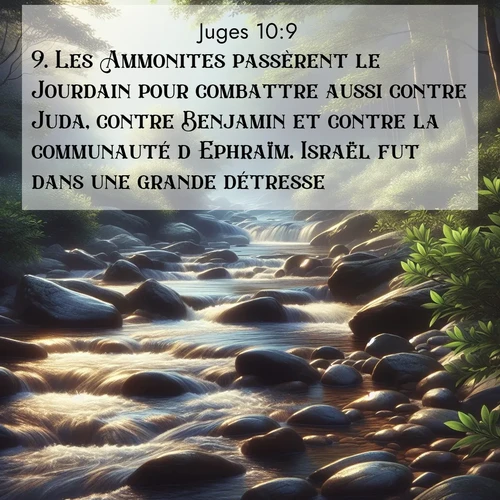 Segond21 Juges  ; image nature: image avec le verset biblique :Les Ammonites passèrent le Jourdain pour combattre aussi contre Juda, contre Benjamin et contre la communauté d&#039;Ephraïm. Israël fut dans une grande détresse. ;  ; 10:9
