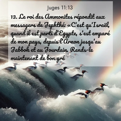 Segond21 Juges  ; image nature: image avec le verset biblique :Le roi des Ammonites répondit aux messagers de Jephthé: «C&#039;est qu&#039;Israël, quand il est parti d&#039;Egypte, s&#039;est emparé de mon pays, depuis l&#039;Arnon jusqu&#039;au Jabbok et au Jourdain. Rends-le maintenant de bon gré.» ;  ; 11:13