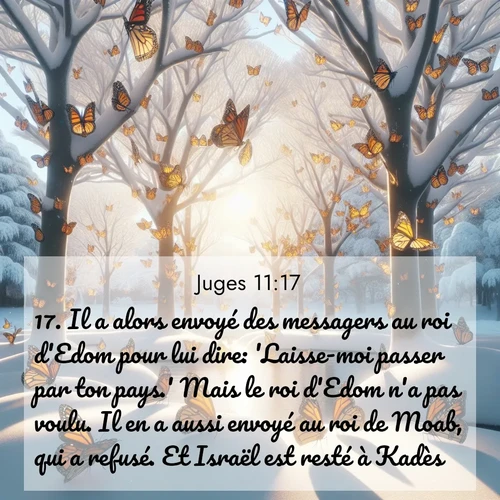 Segond21 Juges  ; image nature: image avec le verset biblique :Il a alors envoyé des messagers au roi d&#039;Edom pour lui dire: &#039;Laisse-moi passer par ton pays.&#039; Mais le roi d&#039;Edom n&#039;a pas voulu. Il en a aussi envoyé au roi de Moab, qui a refusé. Et Israël est resté à Kadès. ;  ; 11:17