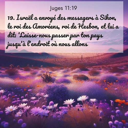 Segond21 Juges  ; image nature: image avec le verset biblique :Israël a envoyé des messagers à Sihon, le roi des Amoréens, roi de Hesbon, et lui a dit: &#039;Laisse-nous passer par ton pays jusqu&#039;à l&#039;endroit où nous allons.&#039; ;  ; 11:19