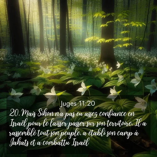 Segond21 Juges  ; image nature: image avec le verset biblique :Mais Sihon n&#039;a pas eu assez confiance en Israël pour le laisser passer sur son territoire. Il a rassemblé tout son peuple, a établi son camp à Jahats et a combattu Israël. ;  ; 11:20
