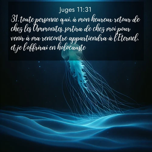 Segond21 Juges  ; image nature: image avec le verset biblique :toute personne qui, à mon heureux retour de chez les Ammonites, sortira de chez moi pour venir à ma rencontre appartiendra à l&#039;Eternel, et je l&#039;offrirai en holocauste.» ;  ; 11:31