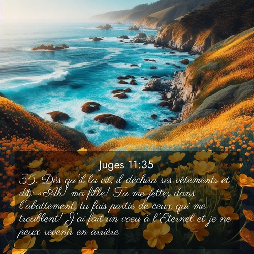Segond21 Juges  ; image nature: image avec le verset biblique :Dès qu&#039;il la vit, il déchira ses vêtements et dit: «Ah! ma fille! Tu me jettes dans l&#039;abattement, tu fais partie de ceux qui me troublent! J&#039;ai fait un voeu à l&#039;Eternel et je ne peux revenir en arrière.» ;  ; 11:35