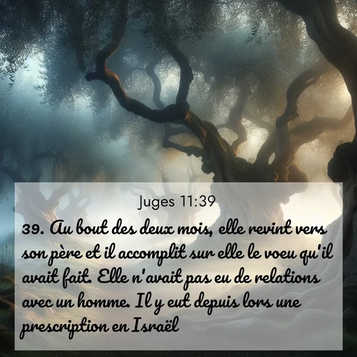 Segond21 Juges  ; image nature: image avec le verset biblique :Au bout des deux mois, elle revint vers son père et il accomplit sur elle le voeu qu&#039;il avait fait. Elle n&#039;avait pas eu de relations avec un homme. Il y eut depuis lors une prescription en Israël: ;  ; 11:39