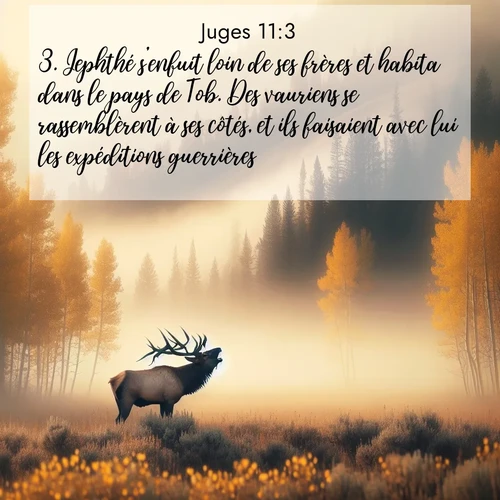 Segond21 Juges  ; image nature: image avec le verset biblique :Jephthé s&#039;enfuit loin de ses frères et habita dans le pays de Tob. Des vauriens se rassemblèrent à ses côtés, et ils faisaient avec lui les expéditions guerrières. ;  ; 11:3