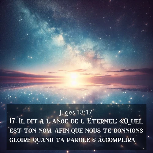 Segond21 Juges  ; image nature: image avec le verset biblique :Il dit à l&#039;ange de l&#039;Eternel: «Quel est ton nom, afin que nous te donnions gloire quand ta parole s&#039;accomplira?» ;  ; 13:17
