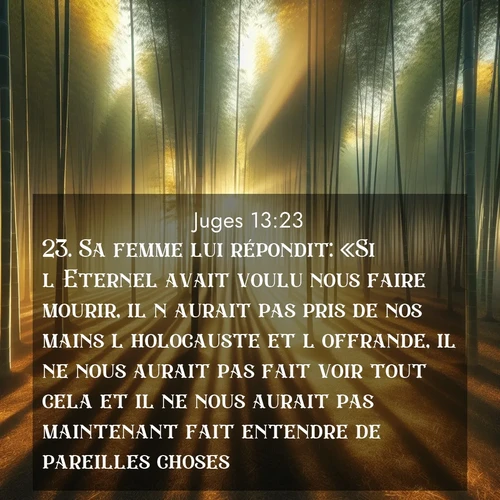 Segond21 Juges  ; image nature: image avec le verset biblique :Sa femme lui répondit: «Si l&#039;Eternel avait voulu nous faire mourir, il n&#039;aurait pas pris de nos mains l&#039;holocauste et l&#039;offrande, il ne nous aurait pas fait voir tout cela et il ne nous aurait pas maintenant fait entendre de pareilles choses.» ;  ; 13:23