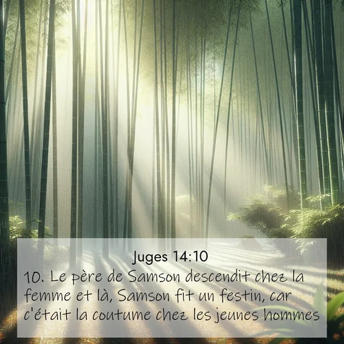 Segond21 Juges  ; image nature: image avec le verset biblique :Le père de Samson descendit chez la femme et là, Samson fit un festin, car c&#039;était la coutume chez les jeunes hommes. ;  ; 14:10