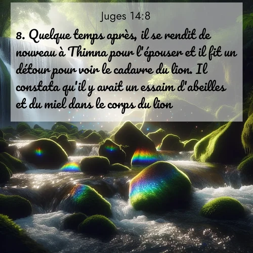 Segond21 Juges  ; image nature: image avec le verset biblique :Quelque temps après, il se rendit de nouveau à Thimna pour l&#039;épouser et il fit un détour pour voir le cadavre du lion. Il constata qu&#039;il y avait un essaim d&#039;abeilles et du miel dans le corps du lion. ;  ; 14:8
