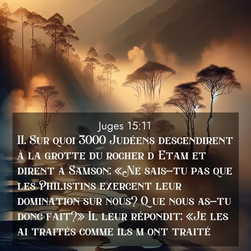 Segond21 Juges  ; image nature: image avec le verset biblique :Sur quoi 3000 Judéens descendirent à la grotte du rocher d&#039;Etam et dirent à Samson: «Ne sais-tu pas que les Philistins exercent leur domination sur nous? Que nous as-tu donc fait?» Il leur répondit: «Je les ai traités comme ils m&#039;ont traité.» ;  ; 15:11