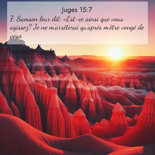 Segond21 Juges  ; image nature: image avec le verset biblique :Samson leur dit: «Est-ce ainsi que vous agissez? Je ne m&#039;arrêterai qu&#039;après m&#039;être vengé de vous.» ;  ; 15:7