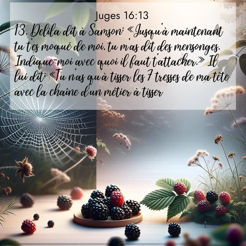 Segond21 Juges  ; image nature: image avec le verset biblique :Delila dit à Samson: «Jusqu&#039;à maintenant tu t&#039;es moqué de moi, tu m&#039;as dit des mensonges. Indique-moi avec quoi il faut t&#039;attacher.» Il lui dit: «Tu n&#039;as qu&#039;à tisser les 7 tresses de ma tête avec la chaîne d&#039;un métier à tisser.» ;  ; 16:13