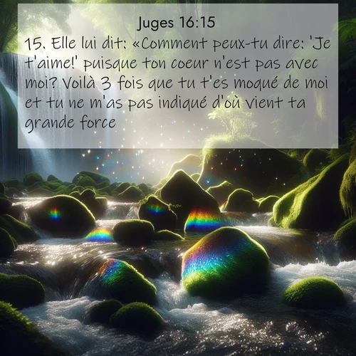 Segond21 Juges  ; image nature: image avec le verset biblique :Elle lui dit: «Comment peux-tu dire: &#039;Je t&#039;aime!&#039; puisque ton coeur n&#039;est pas avec moi? Voilà 3 fois que tu t&#039;es moqué de moi et tu ne m&#039;as pas indiqué d&#039;où vient ta grande force.» ;  ; 16:15