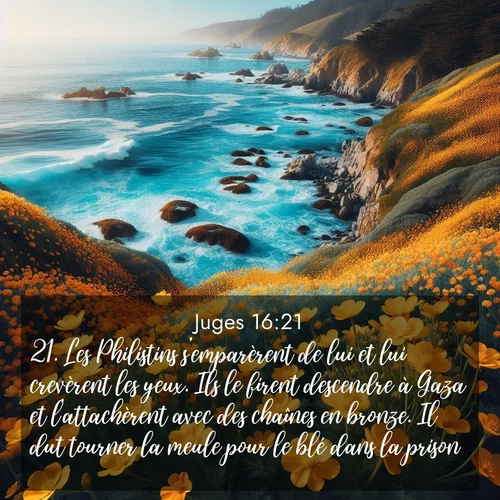 Segond21 Juges  ; image nature: image avec le verset biblique :Les Philistins s&#039;emparèrent de lui et lui crevèrent les yeux. Ils le firent descendre à Gaza et l&#039;attachèrent avec des chaînes en bronze. Il dut tourner la meule pour le blé dans la prison. ;  ; 16:21