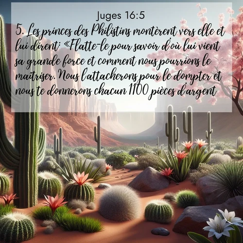 Segond21 Juges  ; image nature: image avec le verset biblique :Les princes des Philistins montèrent vers elle et lui dirent: «Flatte-le pour savoir d&#039;où lui vient sa grande force et comment nous pourrions le maîtriser. Nous l&#039;attacherons pour le dompter et nous te donnerons chacun 1100 pièces d&#039;argent.» ;  ; 16:5