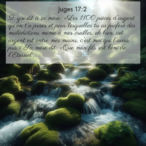 Segond21 Juges  ; image nature: image avec le verset biblique :qui dit à sa mère: «Les 1100 pièces d&#039;argent qu&#039;on t&#039;a prises et pour lesquelles tu as proféré des malédictions même à mes oreilles, eh bien, cet argent est entre mes mains, c&#039;est moi qui l&#039;avais pris.» Sa mère dit: «Que mon fils soit béni de l&#039;Eternel!» ;  ; 17:2