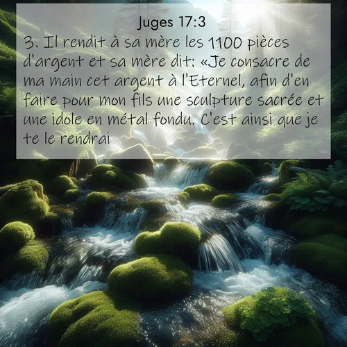 Segond21 Juges  ; image nature: image avec le verset biblique :Il rendit à sa mère les 1100 pièces d&#039;argent et sa mère dit: «Je consacre de ma main cet argent à l&#039;Eternel, afin d&#039;en faire pour mon fils une sculpture sacrée et une idole en métal fondu. C&#039;est ainsi que je te le rendrai.» ;  ; 17:3