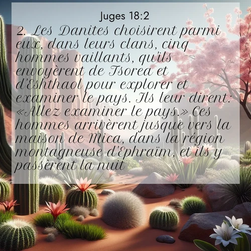 Segond21 Juges  ; image nature: image avec le verset biblique :Les Danites choisirent parmi eux, dans leurs clans, cinq hommes vaillants, qu&#039;ils envoyèrent de Tsorea et d&#039;Eshthaol pour explorer et examiner le pays. Ils leur dirent: «Allez examiner le pays.» Ces hommes arrivèrent jusque vers la maison de Mica, dans la région montagneuse d&#039;Ephraïm, et ils y passèrent la nuit. ;  ; 18:2