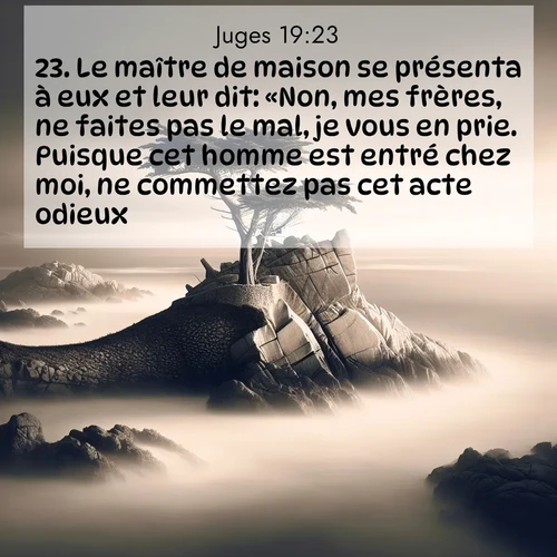 Segond21 Juges  ; image nature: image avec le verset biblique :Le maître de maison se présenta à eux et leur dit: «Non, mes frères, ne faites pas le mal, je vous en prie. Puisque cet homme est entré chez moi, ne commettez pas cet acte odieux. ;  ; 19:23