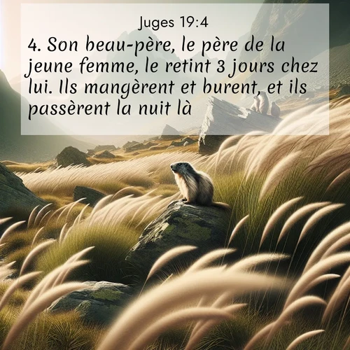 Segond21 Juges  ; image nature: image avec le verset biblique :Son beau-père, le père de la jeune femme, le retint 3 jours chez lui. Ils mangèrent et burent, et ils passèrent la nuit là. ;  ; 19:4