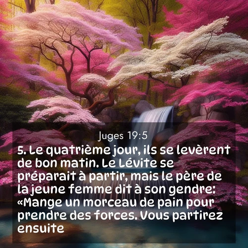 Segond21 Juges  ; image nature: image avec le verset biblique :Le quatrième jour, ils se levèrent de bon matin. Le Lévite se préparait à partir, mais le père de la jeune femme dit à son gendre: «Mange un morceau de pain pour prendre des forces. Vous partirez ensuite.» ;  ; 19:5