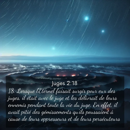 Segond21 Juges  ; image nature: image avec le verset biblique :Lorsque l&#039;Eternel faisait surgir pour eux des juges, il était avec le juge et les délivrait de leurs ennemis pendant toute la vie du juge. En effet, il avait pitié des gémissements qu&#039;ils poussaient à cause de leurs oppresseurs et de leurs persécuteurs. ;  ; 2:18