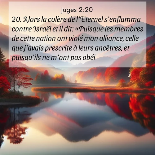 Segond21 Juges  ; image nature: image avec le verset biblique :Alors la colère de l&#039;Eternel s&#039;enflamma contre Israël et il dit: «Puisque les membres de cette nation ont violé mon alliance, celle que j&#039;avais prescrite à leurs ancêtres, et puisqu&#039;ils ne m&#039;ont pas obéi, ;  ; 2:20