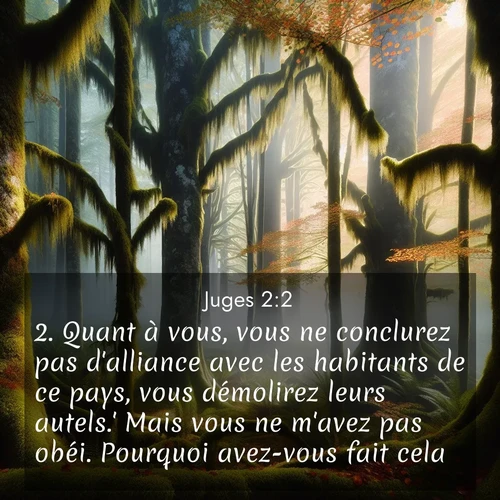 Segond21 Juges  ; image nature: image avec le verset biblique :Quant à vous, vous ne conclurez pas d&#039;alliance avec les habitants de ce pays, vous démolirez leurs autels.&#039; Mais vous ne m&#039;avez pas obéi. Pourquoi avez-vous fait cela? ;  ; 2:2