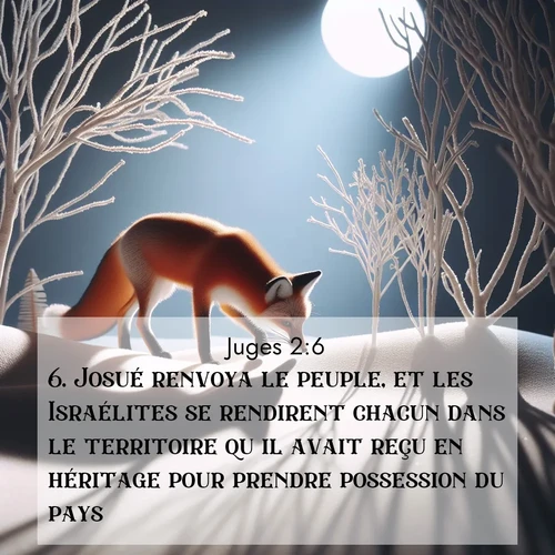 Segond21 Juges  ; image nature: image avec le verset biblique :Josué renvoya le peuple, et les Israélites se rendirent chacun dans le territoire qu&#039;il avait reçu en héritage pour prendre possession du pays. ;  ; 2:6