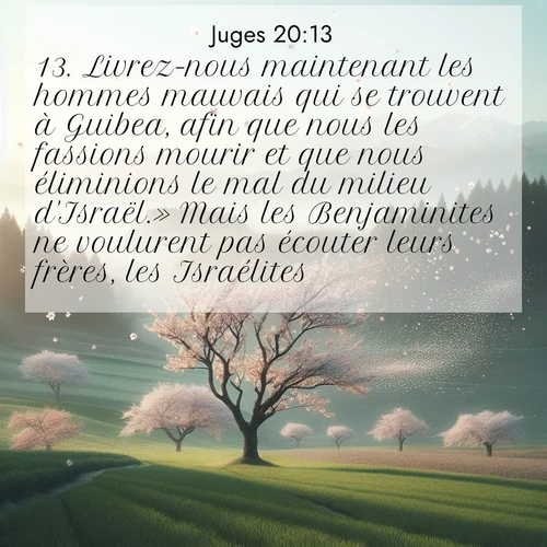 Segond21 Juges  ; image nature: image avec le verset biblique :Livrez-nous maintenant les hommes mauvais qui se trouvent à Guibea, afin que nous les fassions mourir et que nous éliminions le mal du milieu d&#039;Israël.» Mais les Benjaminites ne voulurent pas écouter leurs frères, les Israélites. ;  ; 20:13