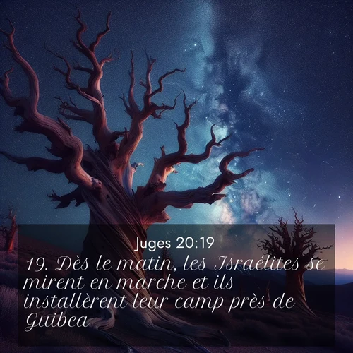 Segond21 Juges  ; image nature: image avec le verset biblique :Dès le matin, les Israélites se mirent en marche et ils installèrent leur camp près de Guibea. ;  ; 20:19