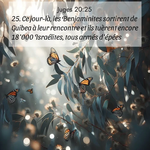 Segond21 Juges  ; image nature: image avec le verset biblique :Ce jour-là, les Benjaminites sortirent de Guibea à leur rencontre et ils tuèrent encore 18&#039;000 Israélites, tous armés d&#039;épées. ;  ; 20:25