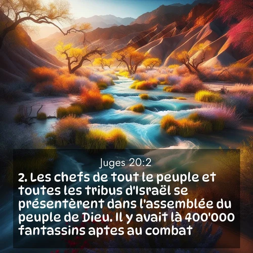 Segond21 Juges  ; image nature: image avec le verset biblique :Les chefs de tout le peuple et toutes les tribus d&#039;Israël se présentèrent dans l&#039;assemblée du peuple de Dieu. Il y avait là 400&#039;000 fantassins aptes au combat. ;  ; 20:2
