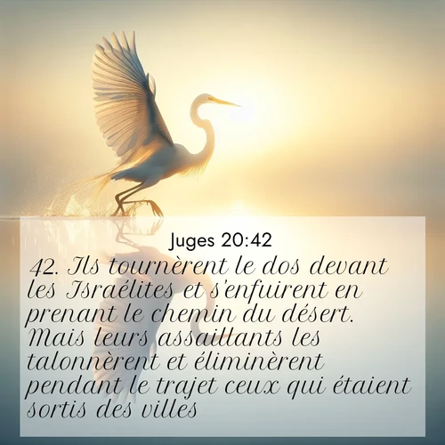Segond21 Juges  ; image nature: image avec le verset biblique :Ils tournèrent le dos devant les Israélites et s&#039;enfuirent en prenant le chemin du désert. Mais leurs assaillants les talonnèrent et éliminèrent pendant le trajet ceux qui étaient sortis des villes. ;  ; 20:42