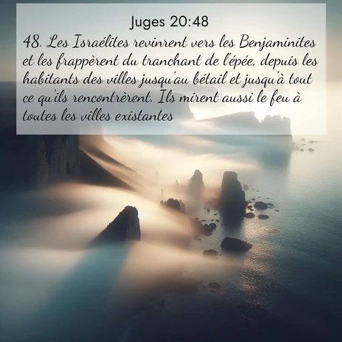 Segond21 Juges  ; image nature: image avec le verset biblique :Les Israélites revinrent vers les Benjaminites et les frappèrent du tranchant de l&#039;épée, depuis les habitants des villes jusqu&#039;au bétail et jusqu&#039;à tout ce qu&#039;ils rencontrèrent. Ils mirent aussi le feu à toutes les villes existantes. ;  ; 20:48