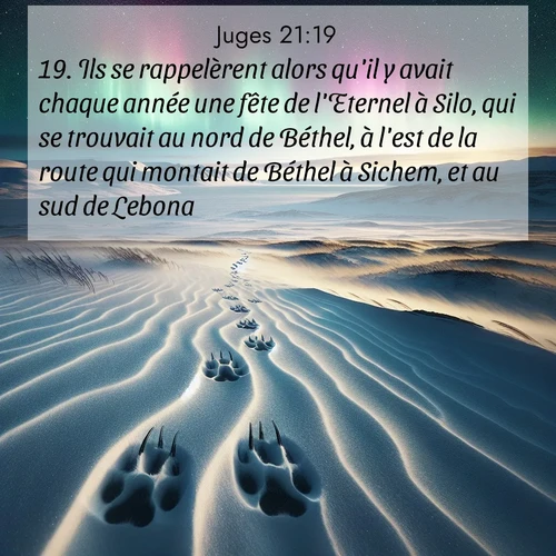 Segond21 Juges  ; image nature: image avec le verset biblique :Ils se rappelèrent alors qu&#039;il y avait chaque année une fête de l&#039;Eternel à Silo, qui se trouvait au nord de Béthel, à l&#039;est de la route qui montait de Béthel à Sichem, et au sud de Lebona. ;  ; 21:19