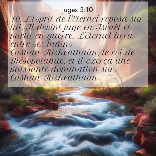 Segond21 Juges  ; image nature: image avec le verset biblique :L&#039;Esprit de l&#039;Eternel reposa sur lui. Il devint juge en Israël et partit en guerre. L&#039;Eternel livra entre ses mains Cushan-Risheathaïm, le roi de Mésopotamie, et il exerça une puissante domination sur Cushan-Risheathaïm. ;  ; 3:10