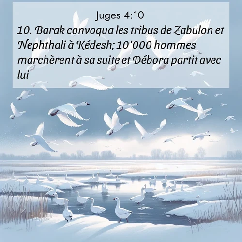 Segond21 Juges  ; image nature: image avec le verset biblique :Barak convoqua les tribus de Zabulon et Nephthali à Kédesh; 10&#039;000 hommes marchèrent à sa suite et Débora partit avec lui. ;  ; 4:10