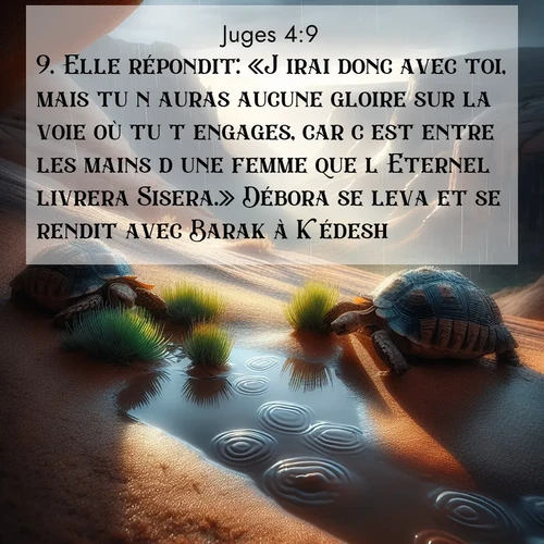 Segond21 Juges  ; image nature: image avec le verset biblique :Elle répondit: «J&#039;irai donc avec toi, mais tu n&#039;auras aucune gloire sur la voie où tu t&#039;engages, car c&#039;est entre les mains d&#039;une femme que l&#039;Eternel livrera Sisera.» Débora se leva et se rendit avec Barak à Kédesh. ;  ; 4:9