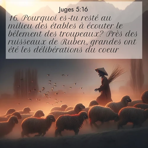 Segond21 Juges  ; image nature: image avec le verset biblique :Pourquoi es-tu resté au milieu des étables à écouter le bêlement des troupeaux? Près des ruisseaux de Ruben, grandes ont été les délibérations du coeur! ;  ; 5:16