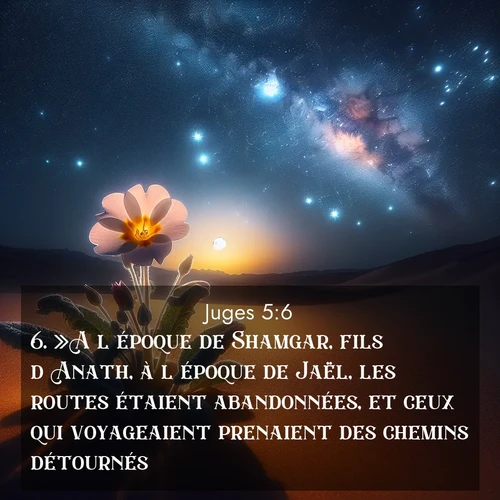 Segond21 Juges  ; image nature: image avec le verset biblique :»A l&#039;époque de Shamgar, fils d&#039;Anath, à l&#039;époque de Jaël, les routes étaient abandonnées, et ceux qui voyageaient prenaient des chemins détournés. ;  ; 5:6