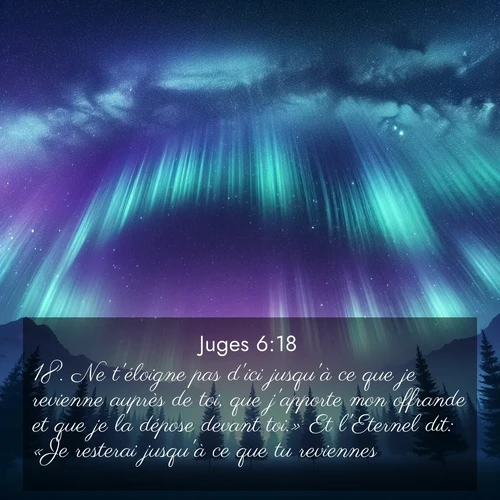 Segond21 Juges  ; image nature: image avec le verset biblique :Ne t&#039;éloigne pas d&#039;ici jusqu&#039;à ce que je revienne auprès de toi, que j&#039;apporte mon offrande et que je la dépose devant toi.» Et l&#039;Eternel dit: «Je resterai jusqu&#039;à ce que tu reviennes.» ;  ; 6:18