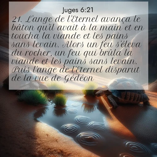 Segond21 Juges  ; image nature: image avec le verset biblique :L&#039;ange de l&#039;Eternel avança le bâton qu&#039;il avait à la main et en toucha la viande et les pains sans levain. Alors un feu s&#039;éleva du rocher, un feu qui brûla la viande et les pains sans levain. Puis l&#039;ange de l&#039;Eternel disparut de la vue de Gédéon. ;  ; 6:21