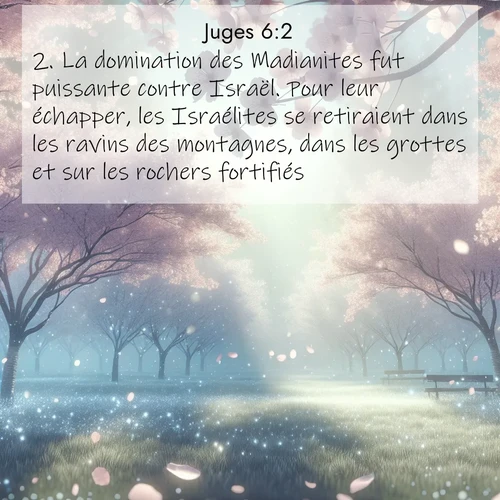 Segond21 Juges  ; image nature: image avec le verset biblique :La domination des Madianites fut puissante contre Israël. Pour leur échapper, les Israélites se retiraient dans les ravins des montagnes, dans les grottes et sur les rochers fortifiés. ;  ; 6:2