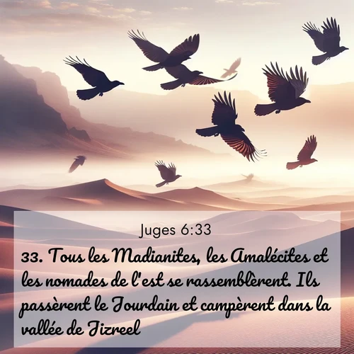 Segond21 Juges  ; image nature: image avec le verset biblique :Tous les Madianites, les Amalécites et les nomades de l&#039;est se rassemblèrent. Ils passèrent le Jourdain et campèrent dans la vallée de Jizreel. ;  ; 6:33