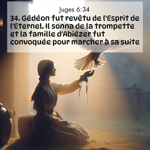 Segond21 Juges  ; image nature: image avec le verset biblique :Gédéon fut revêtu de l&#039;Esprit de l&#039;Eternel. Il sonna de la trompette et la famille d&#039;Abiézer fut convoquée pour marcher à sa suite. ;  ; 6:34
