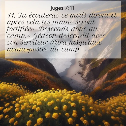 Segond21 Juges  ; image nature: image avec le verset biblique :Tu écouteras ce qu&#039;ils diront et après cela tes mains seront fortifiées. Descends donc au camp.» Gédéon descendit avec son serviteur Pura jusqu&#039;aux avant-postes du camp. ;  ; 7:11