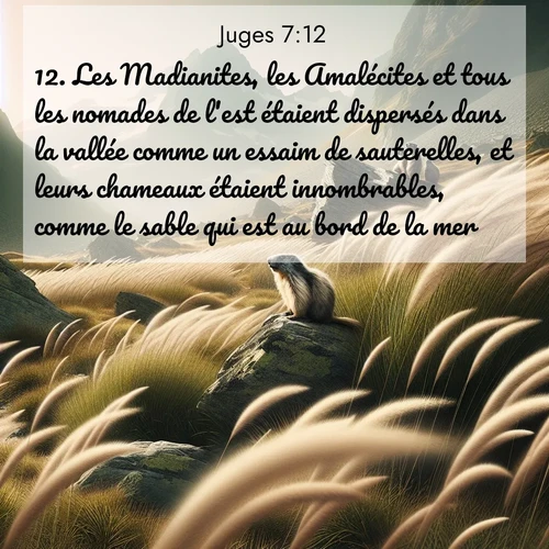 Segond21 Juges  ; image nature: image avec le verset biblique :Les Madianites, les Amalécites et tous les nomades de l&#039;est étaient dispersés dans la vallée comme un essaim de sauterelles, et leurs chameaux étaient innombrables, comme le sable qui est au bord de la mer. ;  ; 7:12