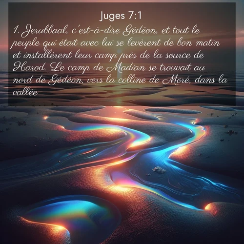 Segond21 Juges  ; image nature: image avec le verset biblique :Jerubbaal, c&#039;est-à-dire Gédéon, et tout le peuple qui était avec lui se levèrent de bon matin et installèrent leur camp près de la source de Harod. Le camp de Madian se trouvait au nord de Gédéon, vers la colline de Moré, dans la vallée. ;  ; 7:1